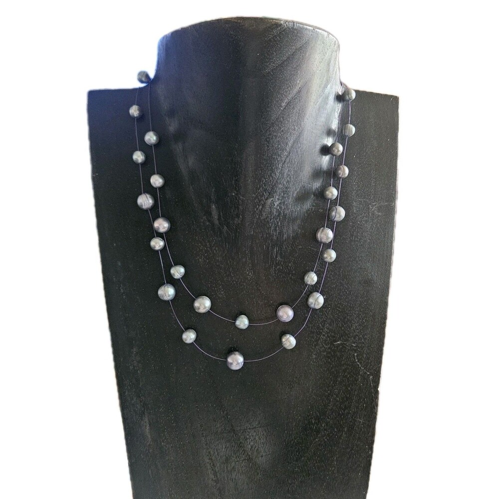 Honora Silver Pearl Purple Double Strand Floating Illusion Necklace 925 18"